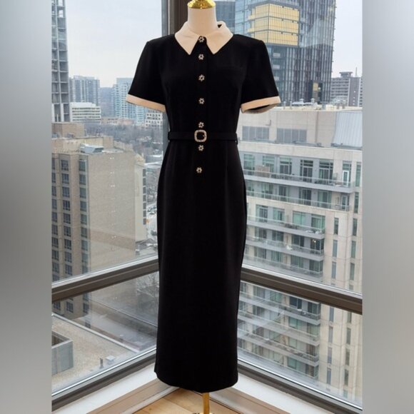 🆕 SELF-PORTRAIT 🧿 Black Belted White Crepe Contrast Midi Dress, Sz UK 10 US 6 - Picture 6 of 16
